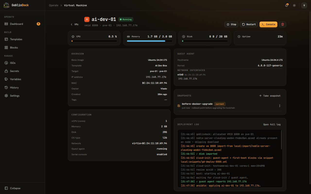 GoblinDock VM detail page
